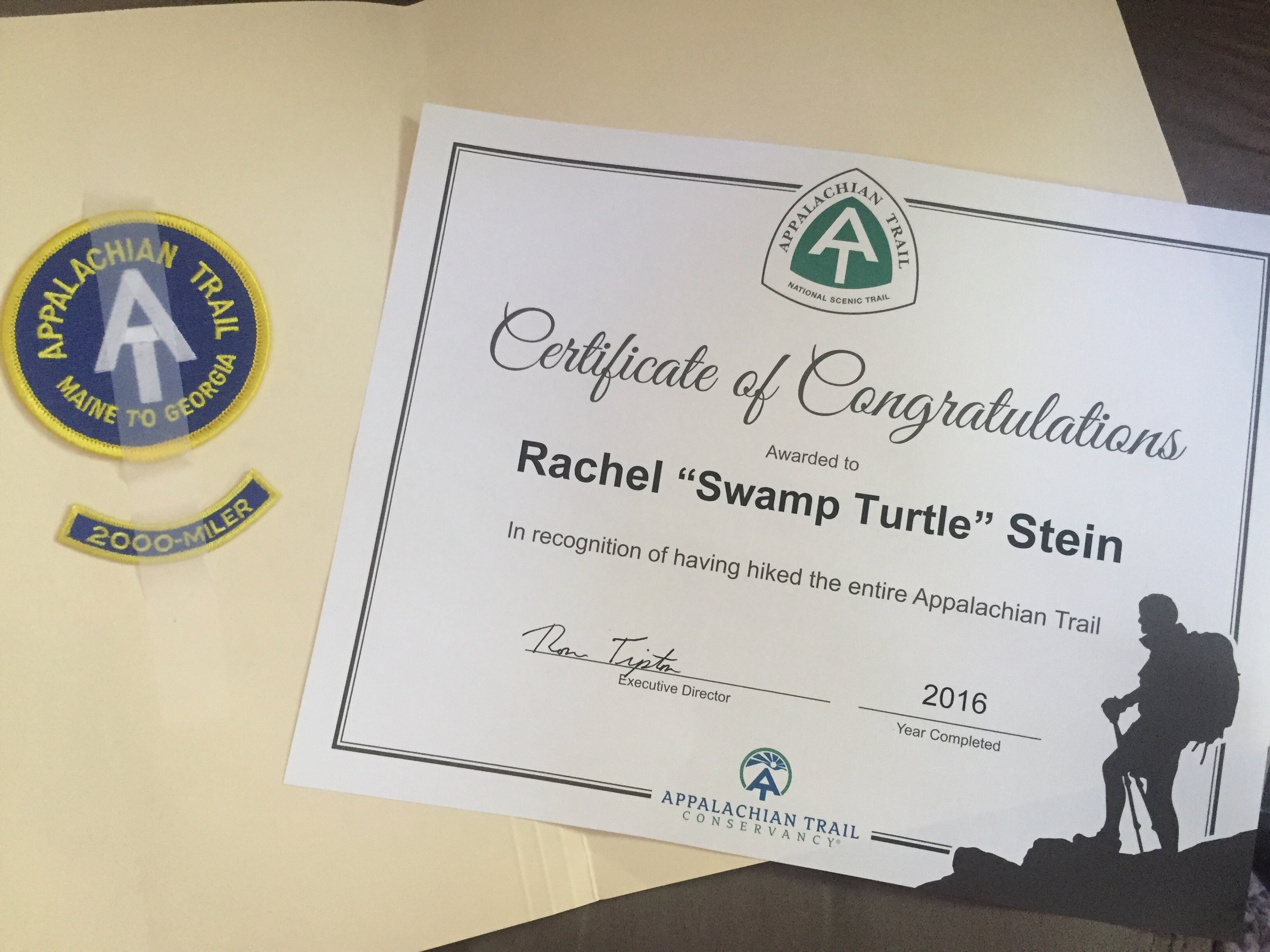 A sheet of letter paper from the ATC saying Rachel 'Swamp Turtle' Stein completed the AT in 2016