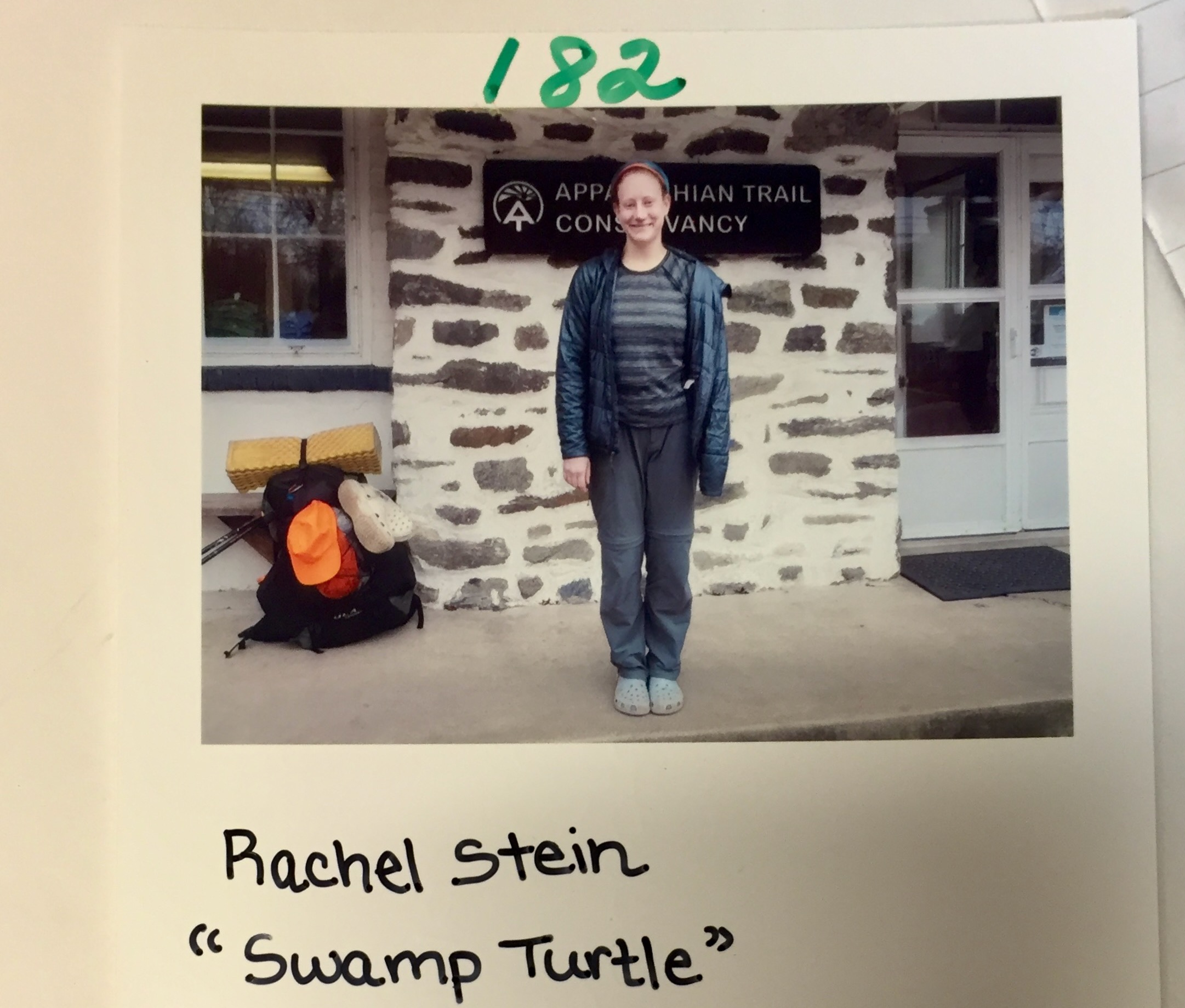 Polaroid of me with my real and trail name written underneath
