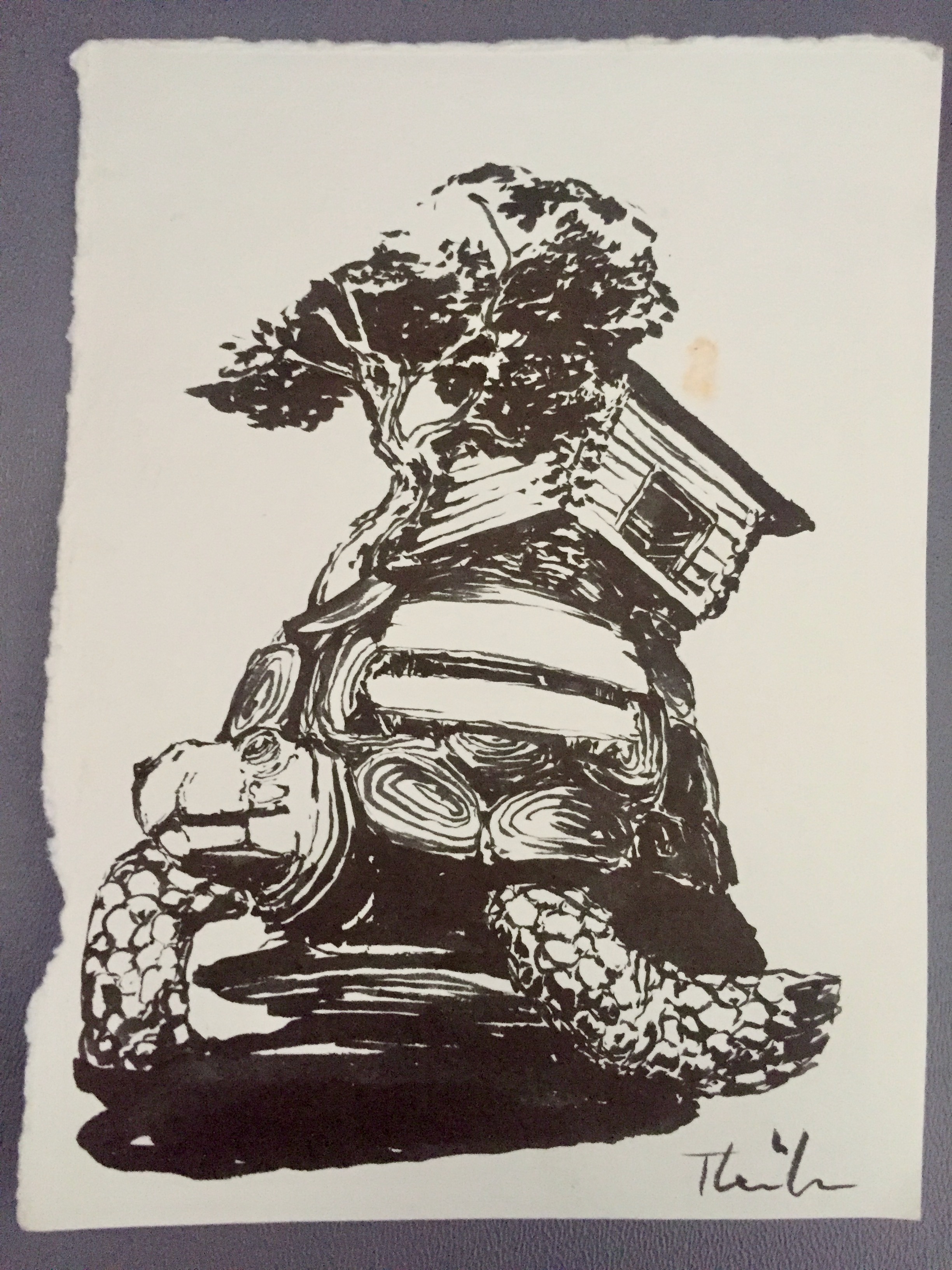 Ink drawing of a turtle carrying a tree house