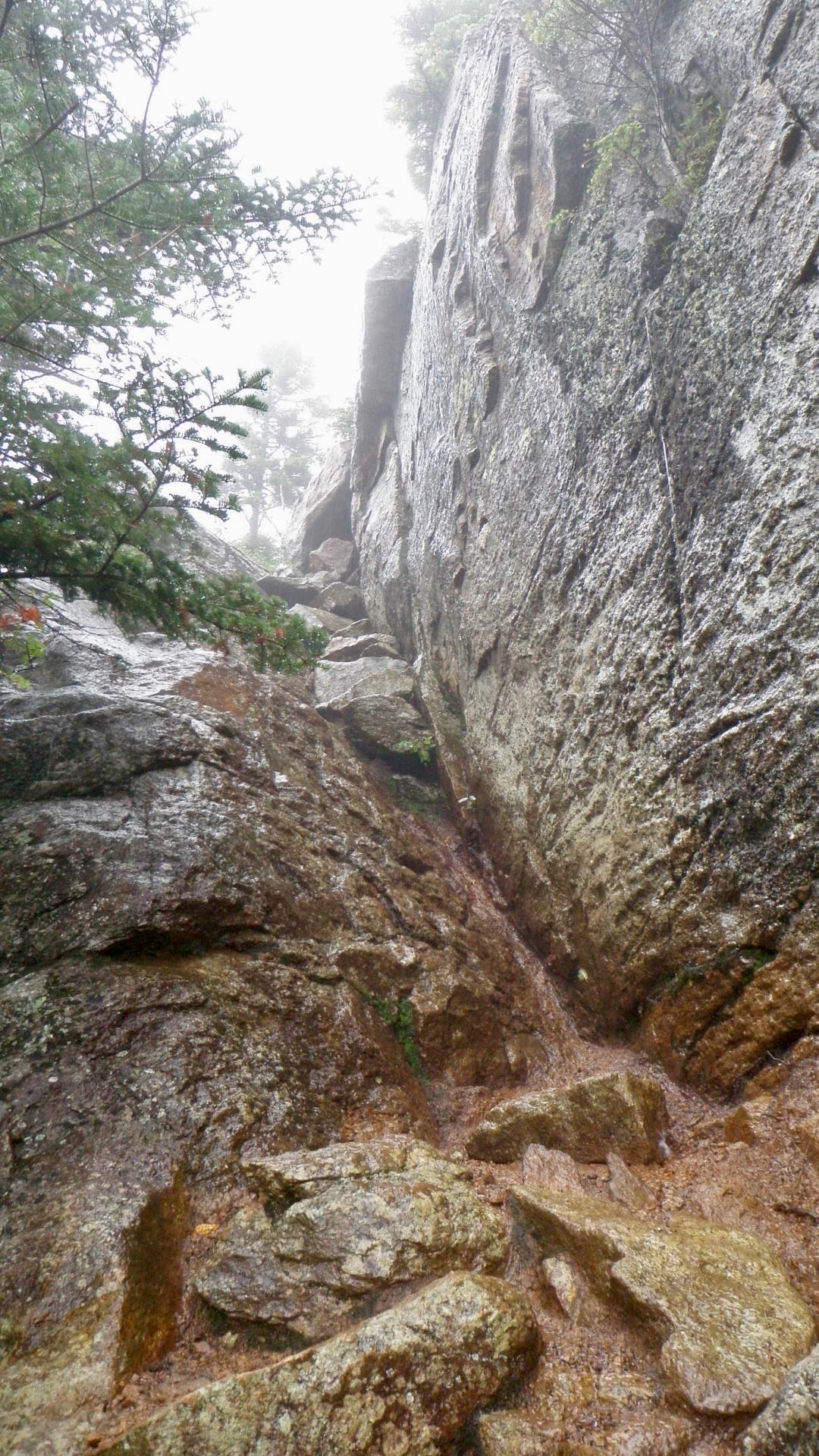 A nearly vertical space where two boulders meet