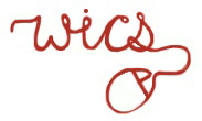 Lowercase wics cursive letters. The s' elongated tail ends in a computer mouse.