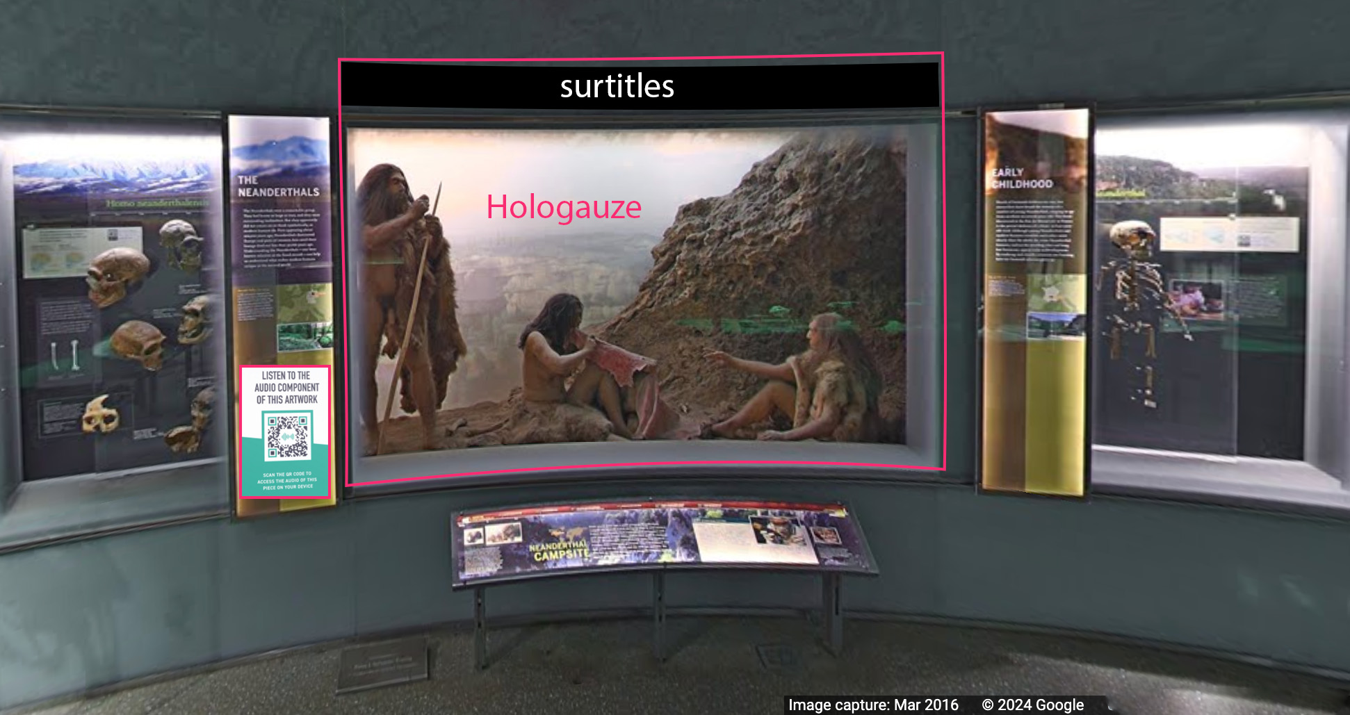 The annotated image shows the diorama and the display windows (and their informational panels) on either side of the diorama. A large QR code is superimposed onto the information panel directly to the left of the Neanderthal diorama.