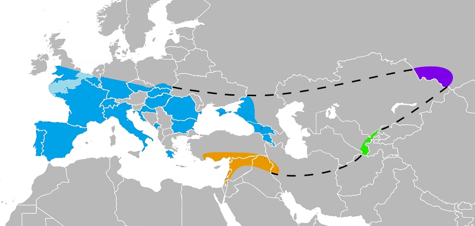Known Neanderthal range in Europe (blue), Southwest Asia (orange), Uzbekistan (green), and the Altai mountains (violet)