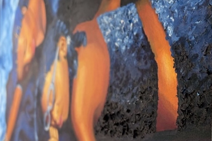Uneven paint layer thickness creates the illusion of sparkles on the girl's bathing suit
